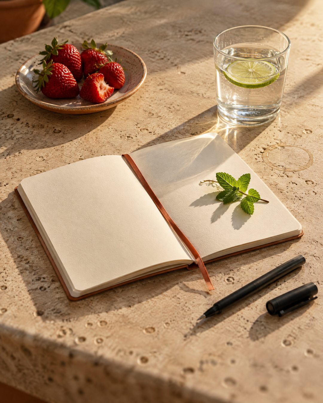 Caderno aberto sobre mesa de travertino
