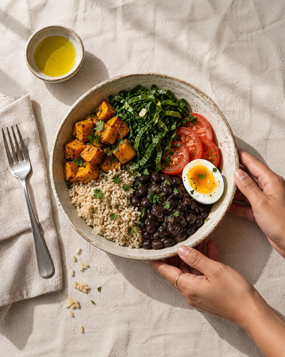 Prato com arroz integral, feijão, abóbora e couve