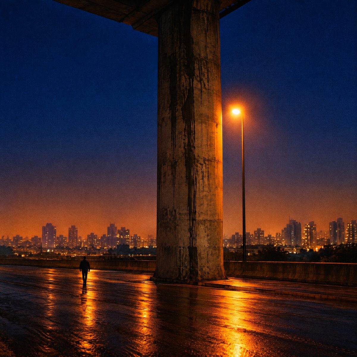 Capa do álbum Viaduto: pilar de viaduto à noite com a cidade acesa ao fundo