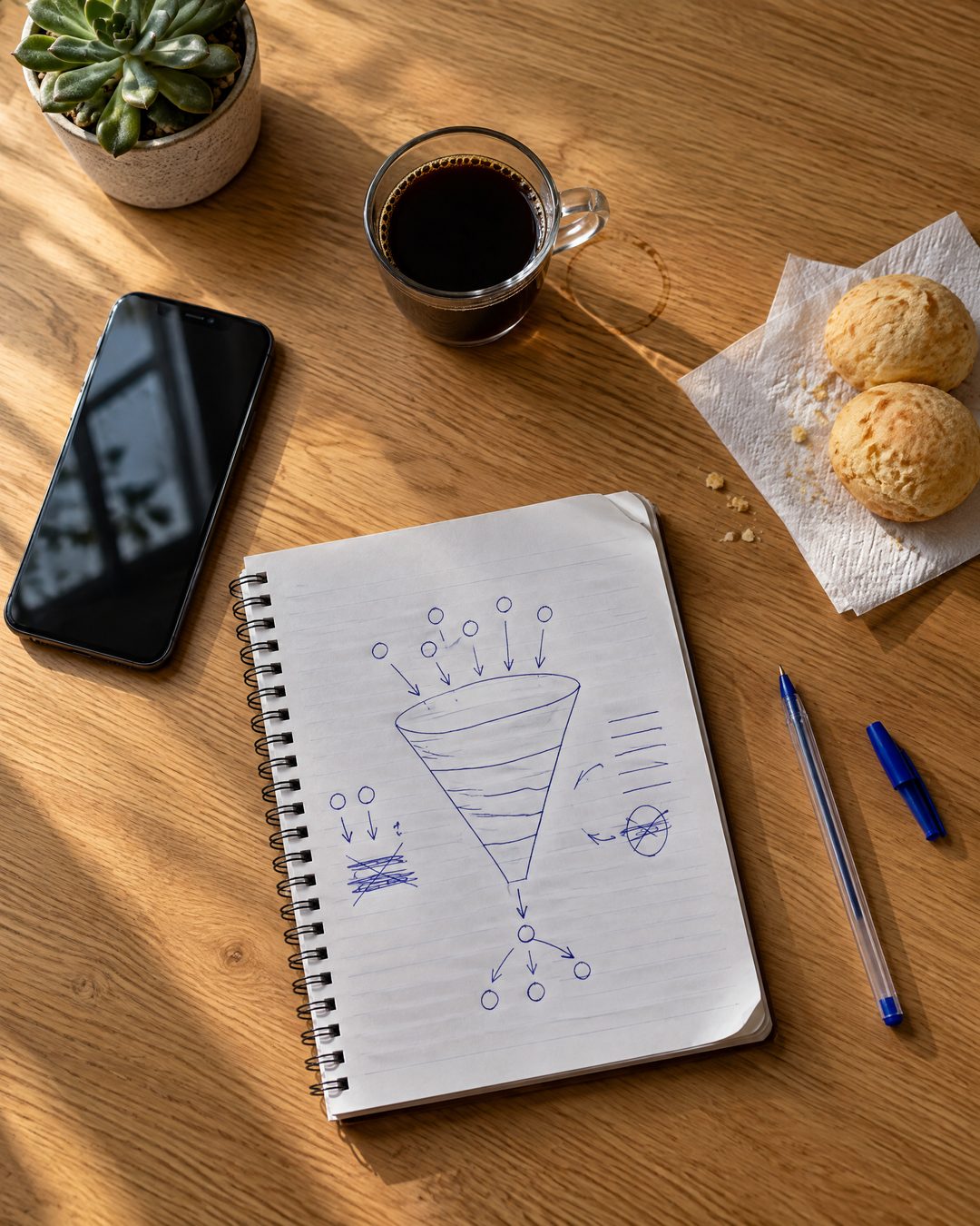 Caderno com funil de vendas desenhado, café e pão de queijo